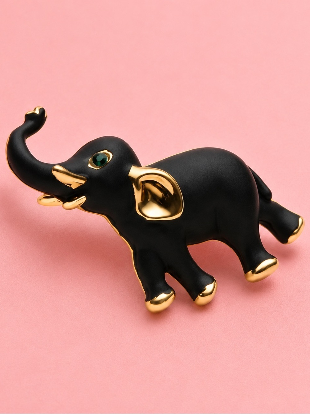 Elephant Black Gold Brooch with Green Eye